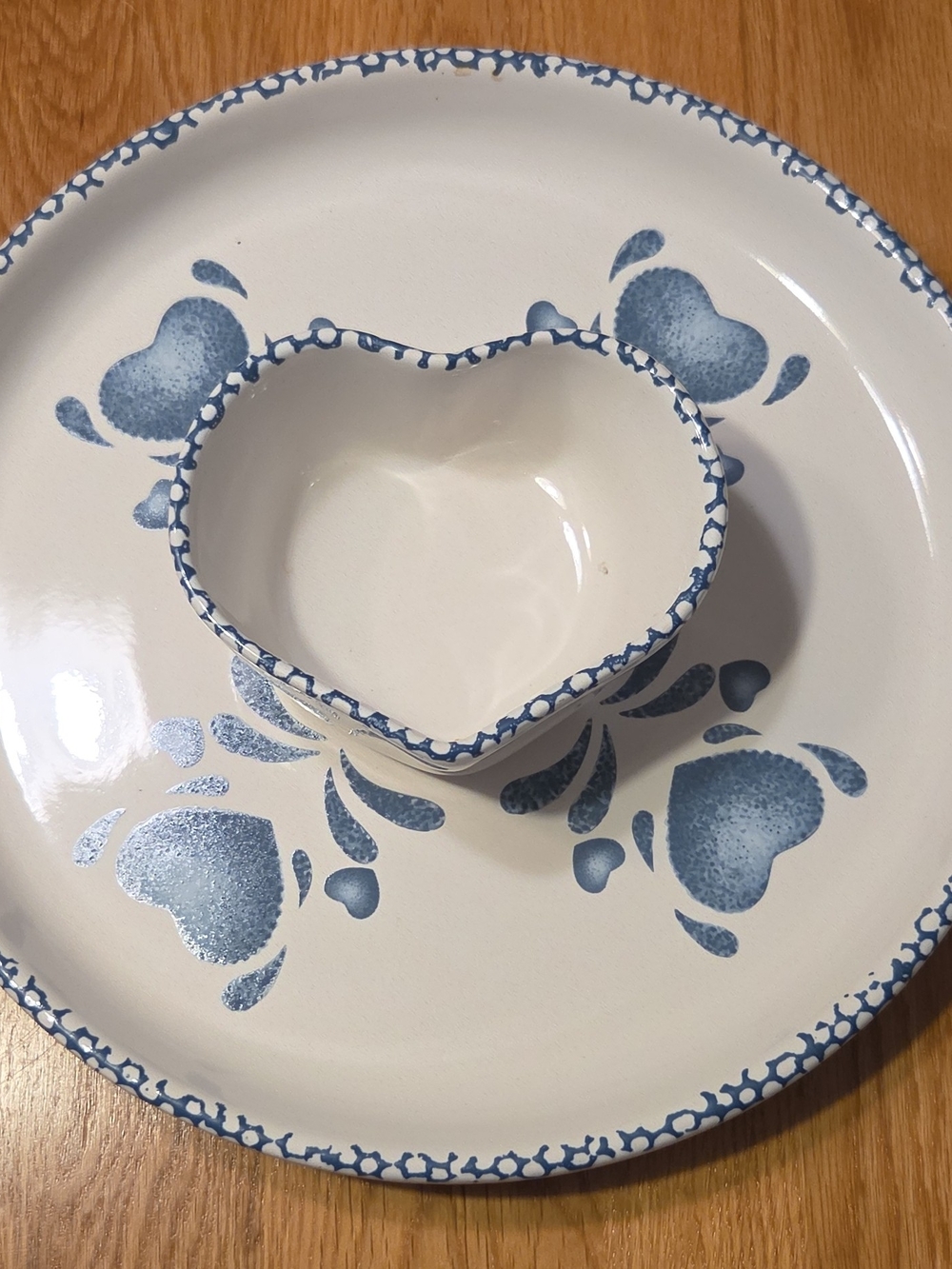 White Ceramic Heart Dip Bowl on Blue Floral Plate